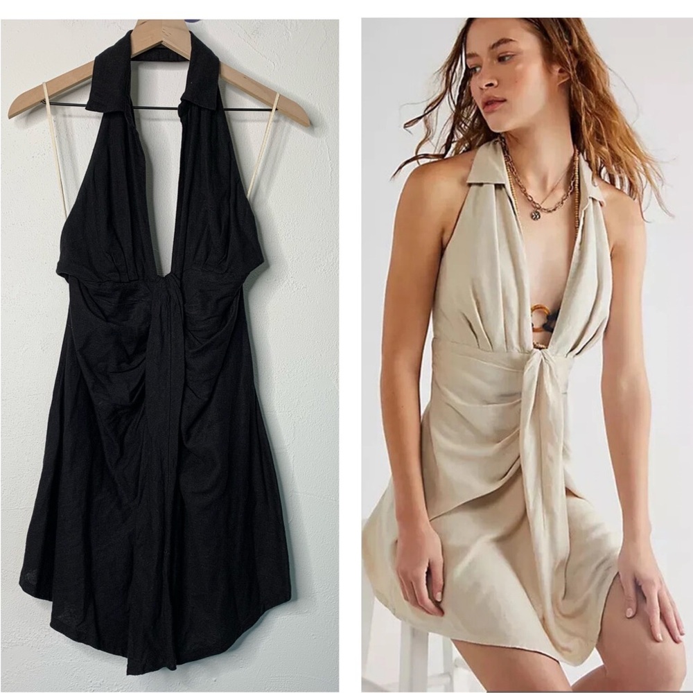 Free People Small Free-Est In Her Element Mini Halter  V Neck Dress Black Linen